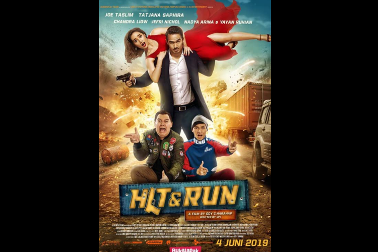 Poster film Hit & Run (2019) yang diperankan oleh Joe Taslim, Chandra Liow, Jefri Nichol, dan Tatjana Saphira.