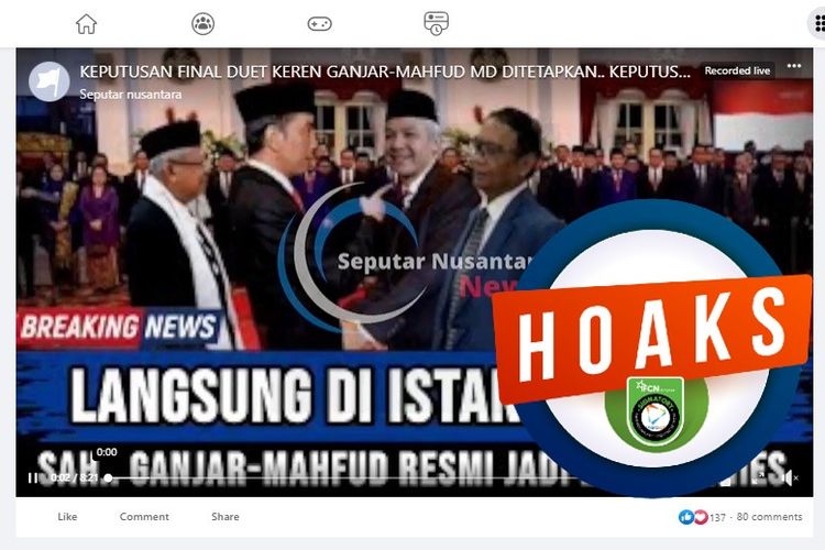 Tangkapan layar Facebook narasi yang menyebut bahwa Ganjar dan Mahfud telah ditetapkan menjadi capres-cawapres di Istana Negara