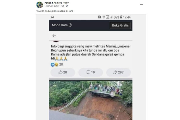 Tangkapan layar unggahan dengan klaim jalan di daerah Sendana, Majene, Sulawesi Barat putus.
