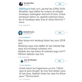 Tangkapan layar terkait pertanyaan kepada BKN tentang lokasi tes CPNS.