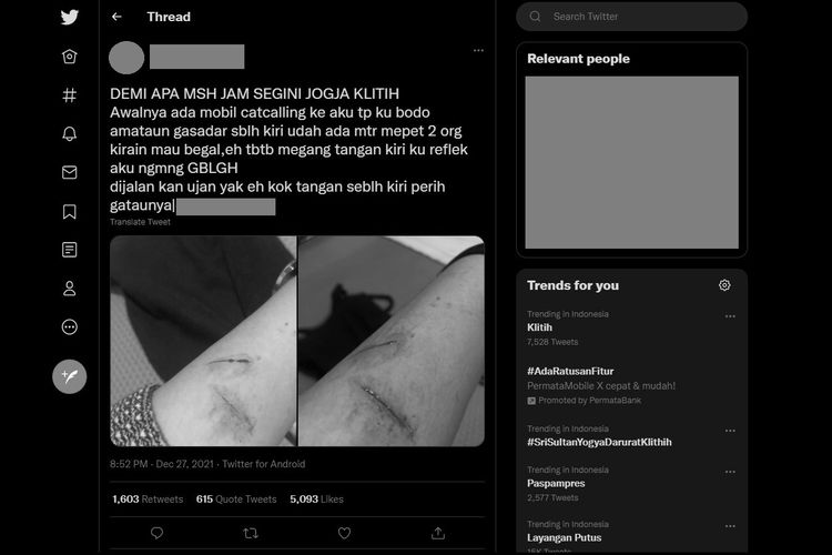 Tangkapan layar unggahan sebuah akun Twitter dari korban klitih di Yogyakarta.