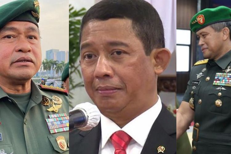 (Kiri ke kanan) Panglima Komando Cadangan Strategis TNI Angkatan Darat (Pangkostrad) Letjen TNI Maruli Simanjuntak, Kepala Badan Nasional Penanggulangan Bencana (BNPB) Letjen TNI Suharyanto, dan Koordinator Staf Ahli (Koorsahli) Kasad Letjen TNI I Nyoman Cantiasa.