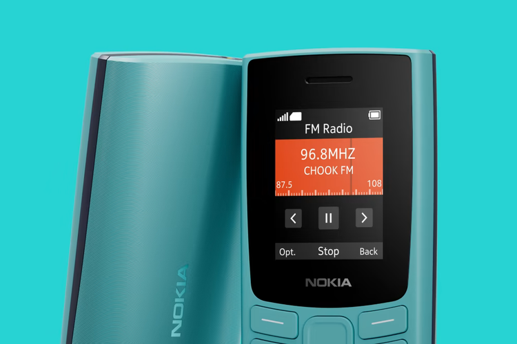 Ilustrasi layar depan dan bodi belakang Nokia 105 (2023)