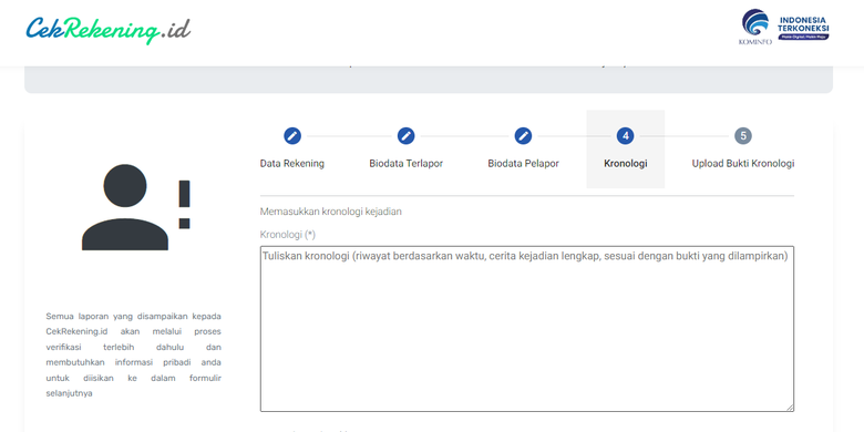 Tangkapan layar tahap V cara melaporkan penipuan online melalui CekRekening.id