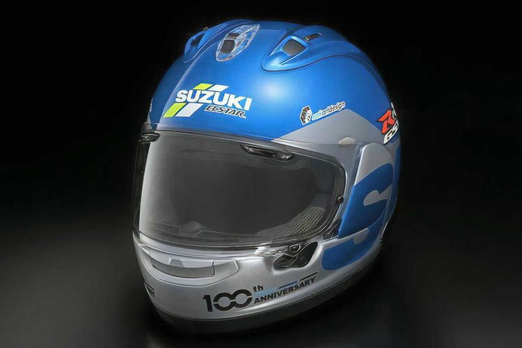 Helm 100th Anniversary Suzuki bercorak Suzuki Ecstar MotoGP