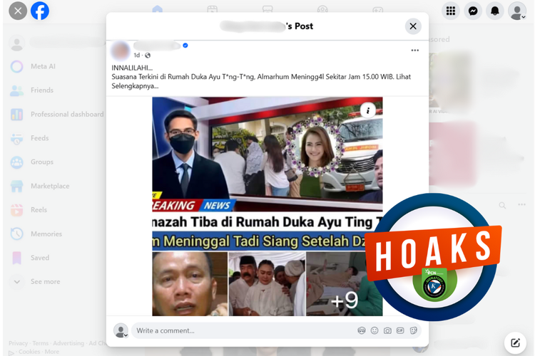 Tangkapan layar konten hoaks di sebuah akun Facebook, yang mengeklaim Ayu Ting Ting meninggal dunia pada 6 Oktober 2025.