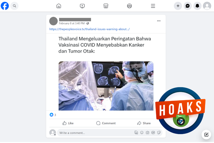 Tangkapan layar konten hoaks di sebuah akun Facebook, Kamis (8/2/2024), soal vaksin Covid-19 menyebabkan kanker dan tumor otak.