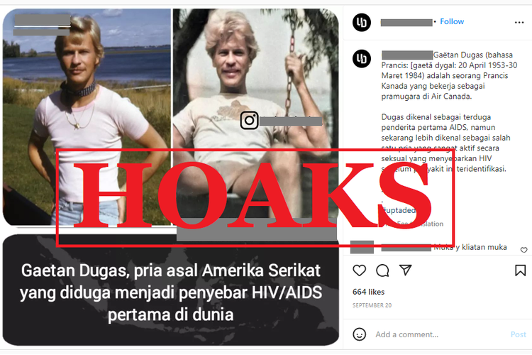 Tangkapan layar unggahan dengan narasi hoaks di sebuah akun Instagram, Kamis (20/9/2022, mengenai Gaetan Dugas sebagai penyebar HIV/AIDS pertama di dunia.
