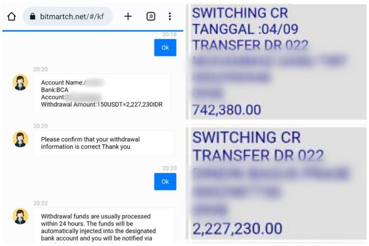 angkapan layar saat AA menarik uangnya dari bitmartch.net dan berhasil masuk ke rekeningnya. Membuat AA percaya, platform ini legit alias sah.