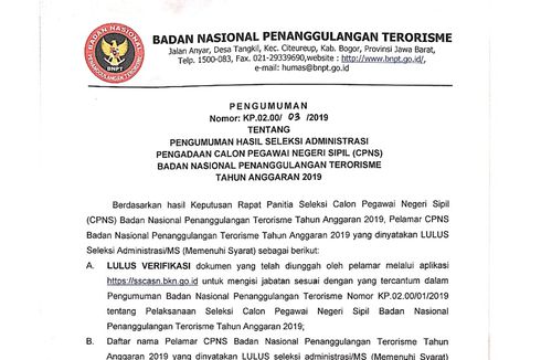 Seleksi Administrasi CPNS 2019 di BNPT Diumumkan, Simak Informasinya