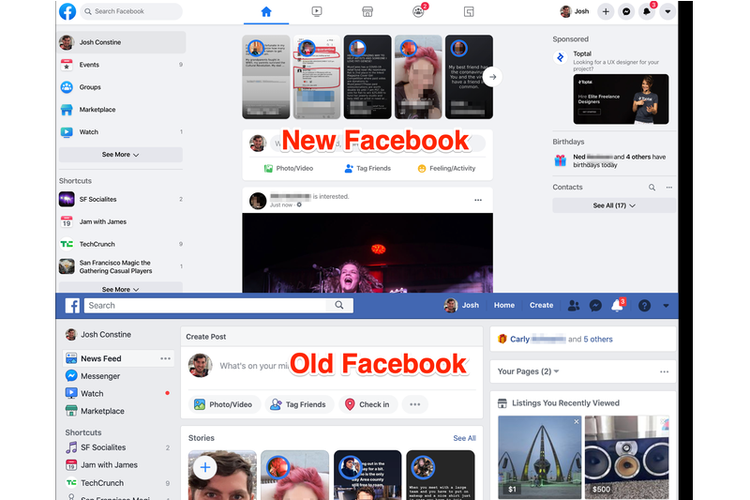Tampilan Facebook klasik (bawah) dan tampilan baru yang dilengkapi dengan mode gelap (atas).