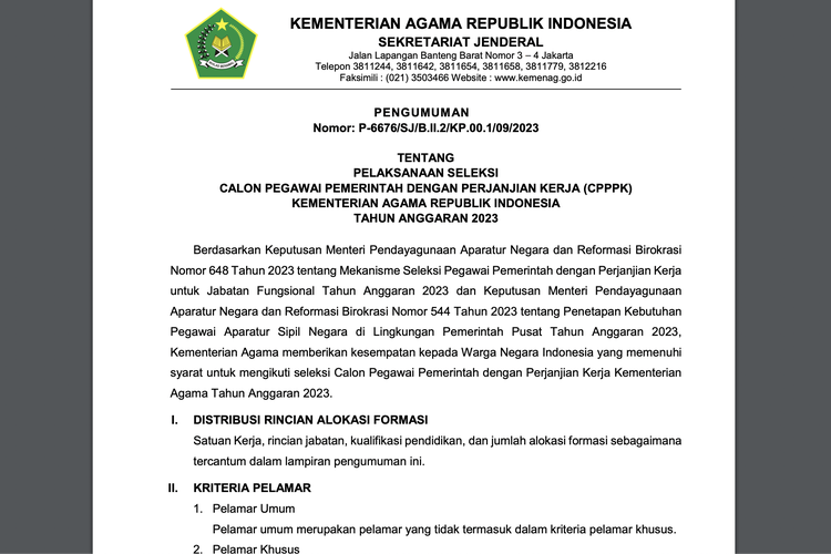 Tangkapan layar pengumuman PPPK Kemenag 2023.