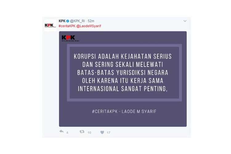Laode Muhammad Syarif bercerita tentang kerja sama internasional KPK dalam pemberantasan korupsi melalui akun Twitter resmi KPK, @KPK_RI.