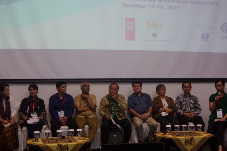 Sesi diskusi bersama pimpinan-pimpinan agama di Indonesia dalam konferensi jurnalis agama di Universitas Multimedia Nusantara (UMN), Tangerang, Rabu (18/10/2017).