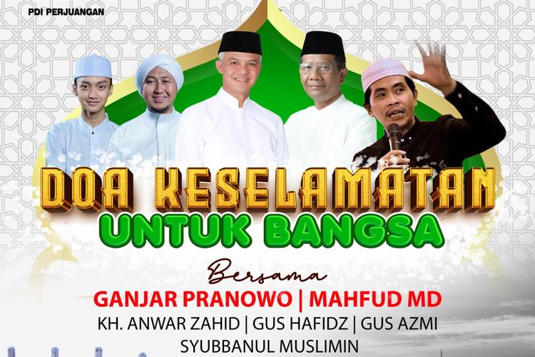 Poster acara doa keselamatan untuk bangsa bersama Ganjar Pranowo dan Mahfud MD di Stadion Gelora Joko Samudro Gresik, Jumat (3/11/2023). 
