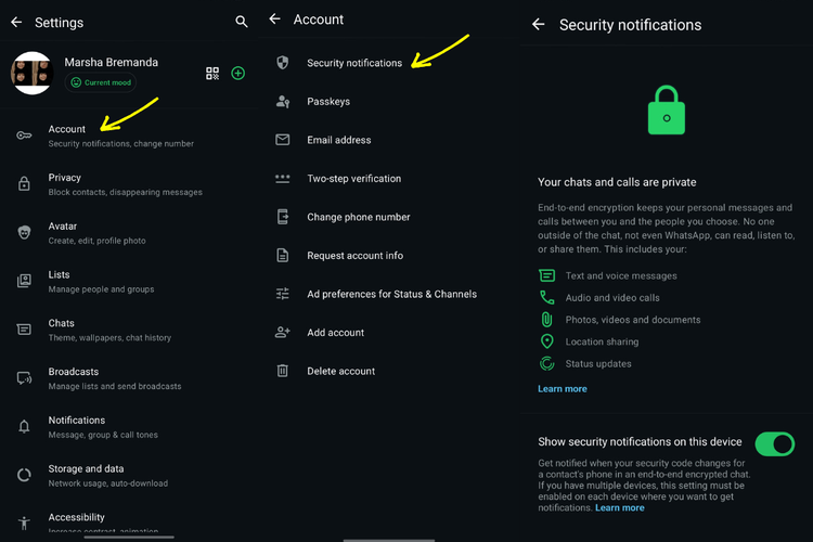 Tampilan menu Security notifications di pengaturan akun WhatsApp. Fitur ini akan memberi notifikasi ketika kode keamanan percakapan dengan suatu kontak berubah.
