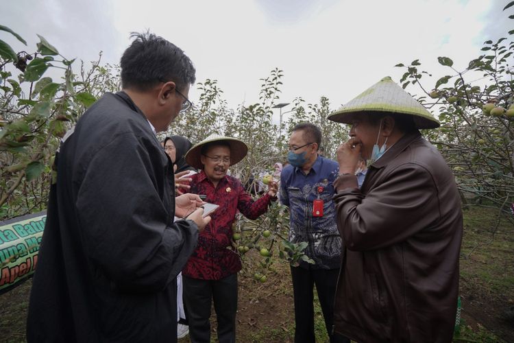 Wakil Wali Kota Batu, Punjul Santoso bersama Komisi IV DPR RI yang melakukan kunjungan kerja untuk meninjau permasalahan apel secara langsung di kebun apel yang berada di Desa Tulungrejo, Kecamatan Bumiaji pada Kamis (15/9/2022). 