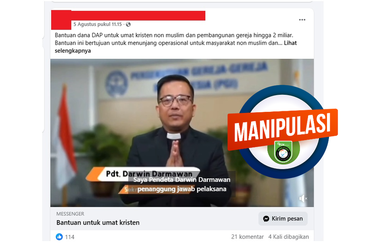 Narasi yang mengeklaim Pendeta Darwin Darmawan menawarkan bantuan kesejahteraan dan pembangunan gereja

