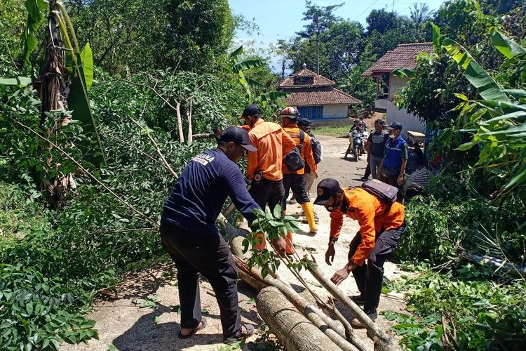 Sejumlah petugas tengah mengevakuasi batang pohon yang menghalangi badan jalan di Cibeber, kemarin. Akibat kejadian tersebut, warga setempat sempat terisolasi.