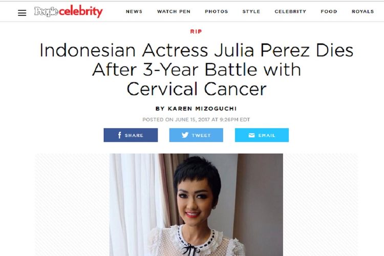 Berita kematian Julia Perez yang dimuat oleh People, sebuah media hiburan ternama Amerika Serikat.