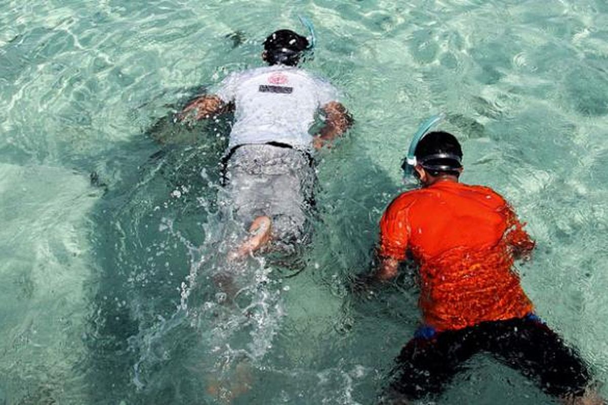 Wisatawan snorkeling di Gusung Pulau Perak, Kelurahan Pulau Harapan, Kecamatan Kepulauan Seribu Utara, Kabupaten Kepulauan Seribu, Sabtu (24/1/2015). Snorkeling, susur pulau, dan jalan-jalan menikmati keindahan matahari terbenam merupakan aktivitas yang mengasyikkan di Pulau Harapan.