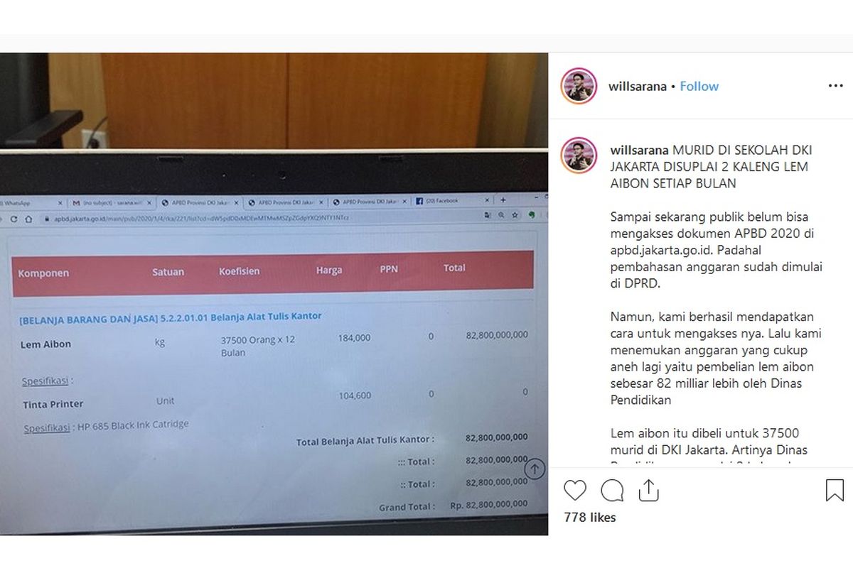 Pemprov menganggarkan Rp 82 miliar untuk pembelian lem Aibon dalam program belanja alat tulis kantor untuk SD Negeri di Jakarta Barat tahun 2020. Hal itu disampaikan anggota DPRD DKI, William Aditya Sarana dalam akun Instagramnya @willsarana.