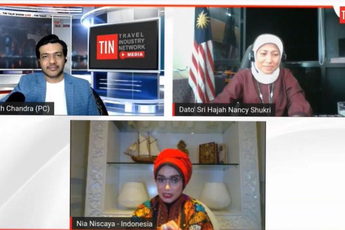 Deputi Bidang Pemasaran Kemenparekraf/Baparekraf Nia Niscaya saat menjadi pembicara tamu dalam Talkshow Network Industry Travel bersama dengan Menteri Pariwisata, Seni & Budaya Malaysia, Dato Sri Nancy Shukri yang membahas Regional Tourism Collaborative Opportunities Post COVID-19, Jumat (19/6/2020).