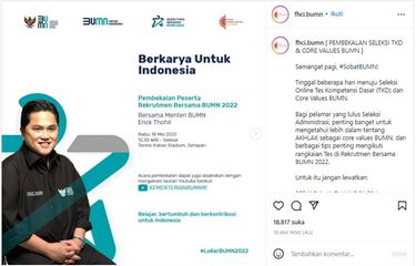 Tangkapan layar unggahan Instagram tentang pembekalan seleksi TKD dan core values BUMN