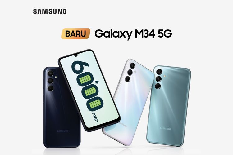 Samsung Galaxy M34 5G resmi meluncur di Indonesia, Selasa (7/11/2023). Ponsel ini membawa fitur unggulan seperti baterai 6.000 mAh, layar Super AMOLED 120 Hz, triple kamera 50 MP (OIS). Harga Samsung M34 5G di Indonesia adalah Rp 4.099.000 untuk satu-satunya varian memori RAM 8/128 GB.