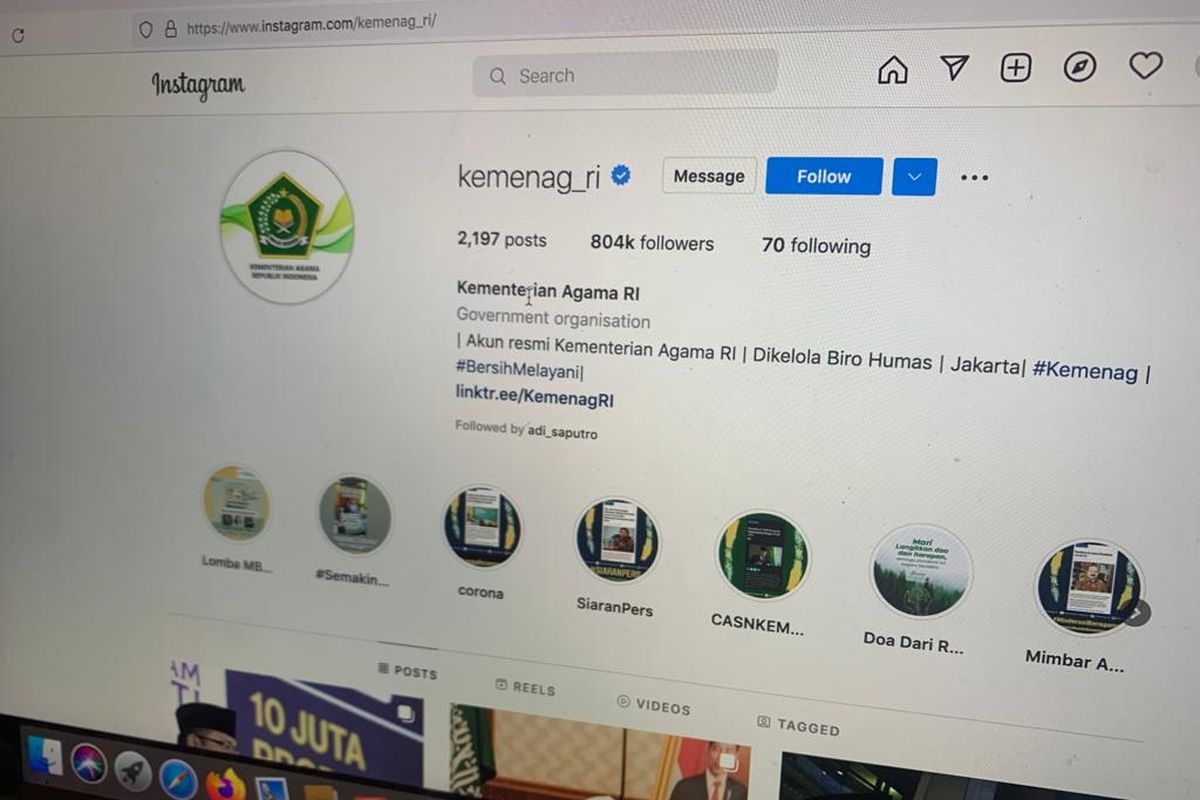 Ilustrasi halaman akun Instagram Kementerian Agama Republik Indonesia