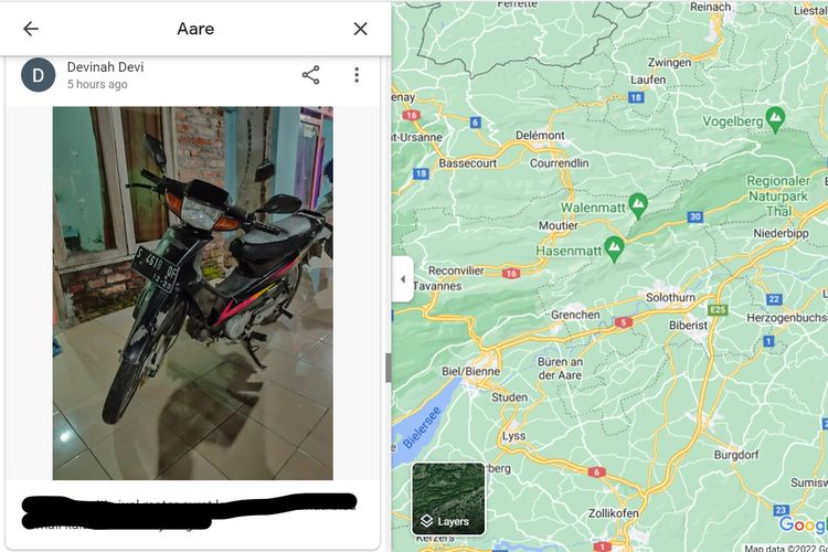 Iklan berjualan sepeda motor oleh netizen Indonesia di laman ulasan Sungai Aare Swiss di Google Maps.