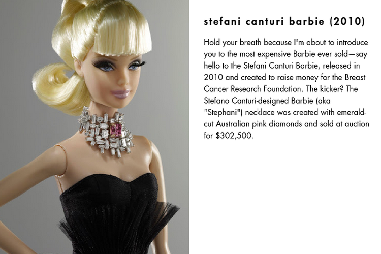 Barbie rancangan Stefano Canturi (Stephani) ini dibuat dengan berlian merah muda Australia berpotongan zamrud dan dijual di lelang seharga 302.500 dolar AS atau sekitar Rp 4,3 miliar.