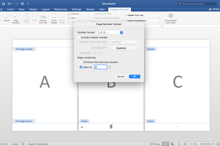 Ilustrasi cara membuat nomor halaman 1 mulai halaman kedua di Word.