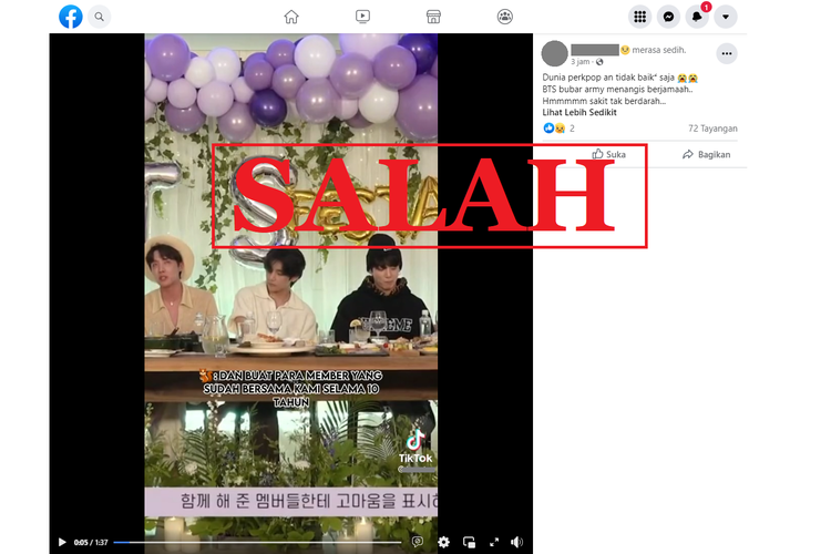Tangkapan layar unggahan memuat misinformasi di sebuah akun Facebook, Rabu (15/6/2022), yang menyatakan bahwa boyband asal Korea Selatan, BTS, bubar.