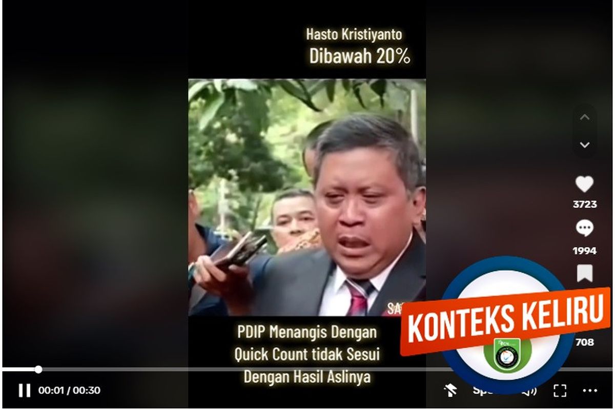 Tangkapan layar TikTok narasi yang menyebut Hasto menangis karena perolehan suara Ganjar-Mahfud dalam hasil hitung cepat Pilpres 2024 di bawah 20 persen