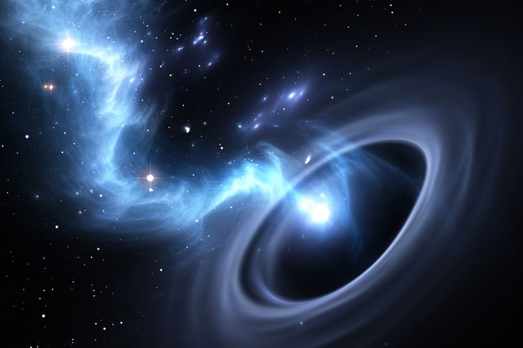 Ilustrasi material luar angkasa dan bintang masuk ke dalam pusara lubang hitam supermasif.