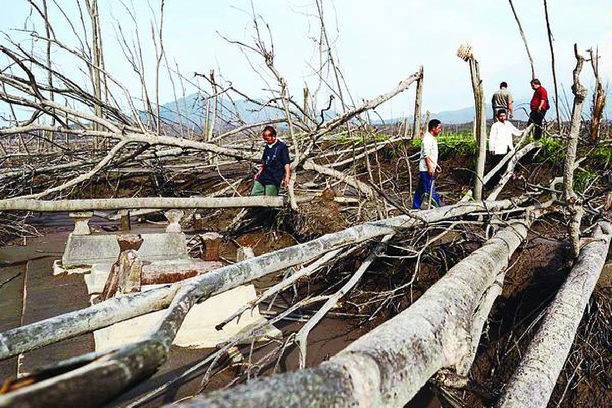 Warga mencari jalan menuju areal pemakaman saat akan berziarah ke makam juru kunci Gunung Merapi, Mbah Maridjan, di Dusun Srunen, Desa Glagaharjo, Cangkringan, Sleman, DI Yogyakarta, Jumat (3/12). Pusat Vulkanologi dan Mitigasi Bencana Geologi secara resmi mengumumkan penurunan status Gunung Merapi dari Awas menjadi Siaga pada hari Jumat pukul 09.00. 