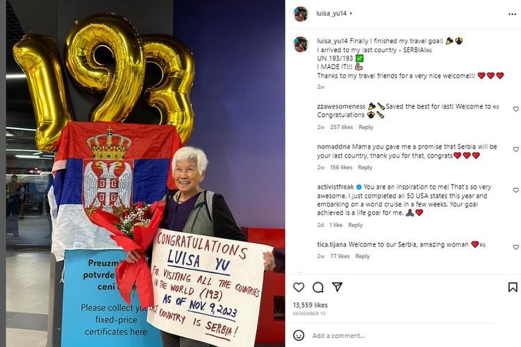 Tangkapan layar unggahan Instagram Luisa Yu. Luisa Yu berhasil mendarat di negara ke-193, Serbia, sebagai tujuan akhir dari perjalanan selama 50 tahunnya.