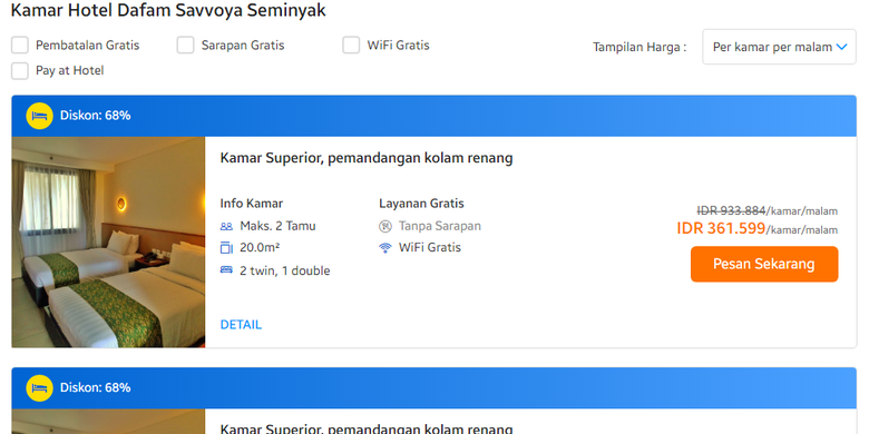 Harga yang tertera untuk kamar superior pemandangan kolam renang, Hotel Dafam Savvoya, Seminyak, Bali di Tiket.com