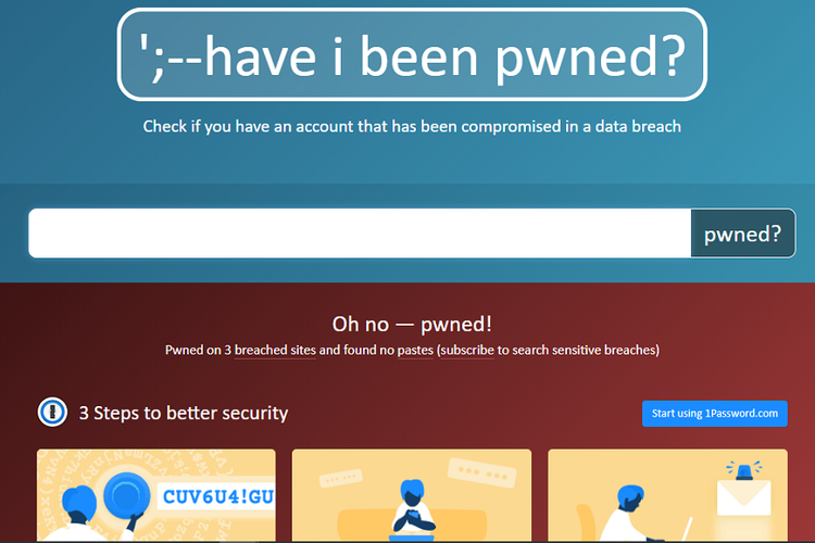 Tangkapan layar situs Have I been pwned apabila alamat e-mail terdampak kebocoran data.