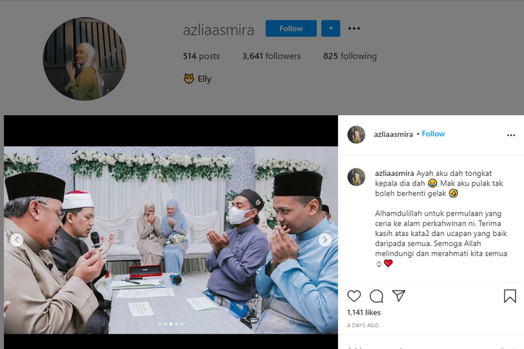 Tangkapan layar unggahan dari akun Instagram @azliaasmira ketika mengunggah foto pernikahannya.