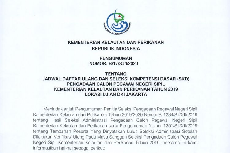 Kementerian Kelautan dan Perikanan (KKP) mengumumkan jadwal daftar ulang dan jadwal SKD CPNS 2019 KKP.