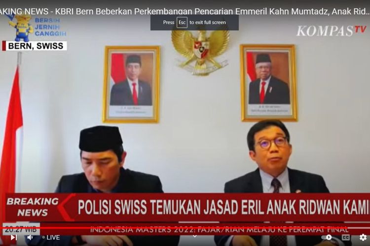Dubes RI untuk Swiss Muliaman Hadad dalam konferensi pers soal temuan jenazah Emmeril Khan Mumtaz alias Eril, putra sulung Gubernur Jawa Barat Ridwan Kamil, Kamis (9/6/2022).