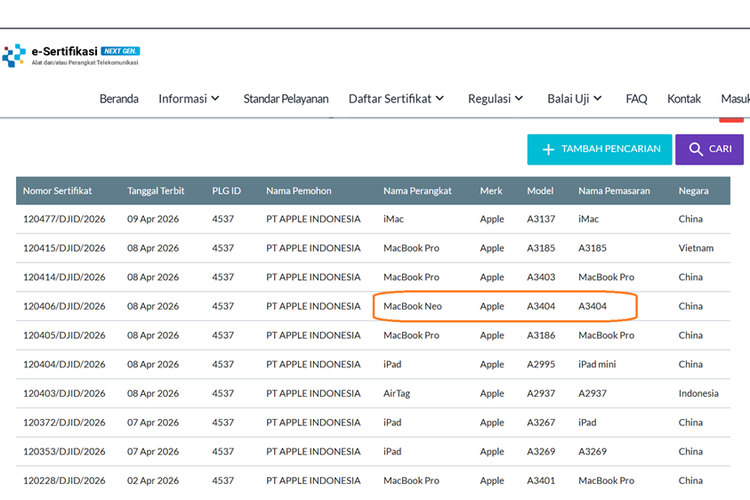 Tangkapan gambar sertifikasi MacBook Neo di laman Postel Komdigi