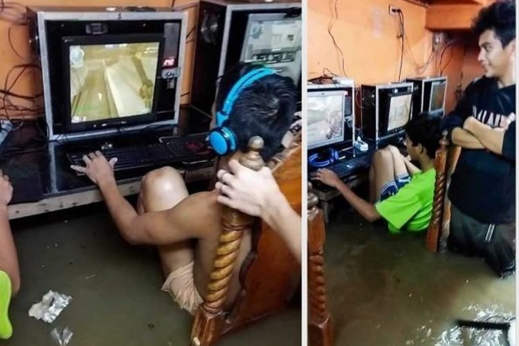 Tangkapan layar dari video yang merekam sejumalh anak-anak di Filipina yang nekat bermain gim meski banjir menerjang warnet tempat mereka bermain.