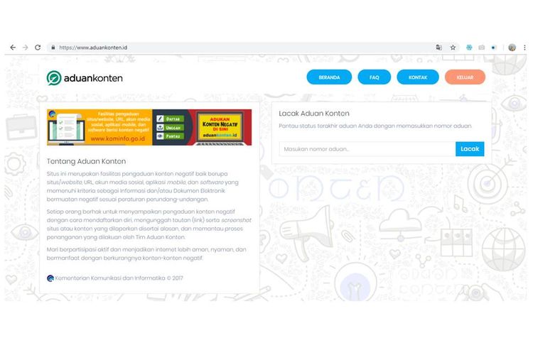 Tampilan halaman utama situs Aduan Konten