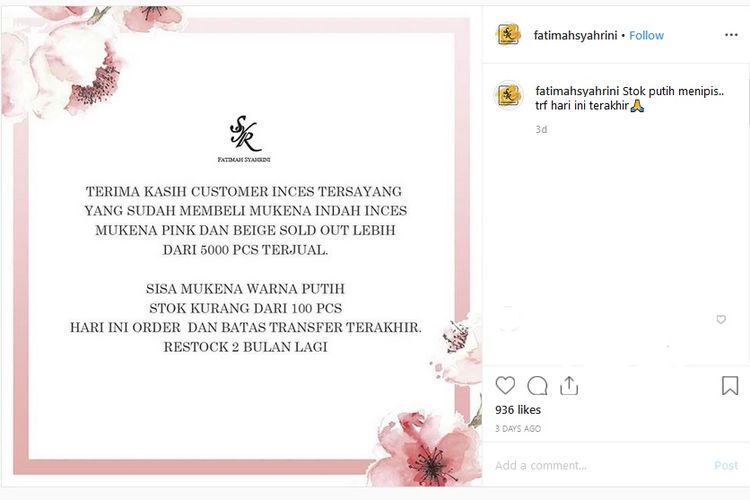 Penyanyi Syahrini berterima kasih kepada para pembeli mukena Fatimah Syahrini yang diproduksinya.