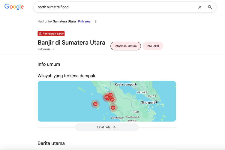 Banner Flood Alerts di Google yang menampilkan informasi bencana banjir di Sumatera Utara.