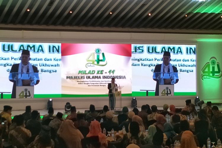 Ketua Umum Majelis Ulama Indonesia (MUI) Maruf Amin saat memberikan sambutan dalam acara milad ke-44 MUI di Hotel Grand Sahid Jaya, Jakarta, Sabtu (27/7/2019). 