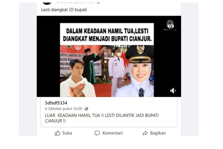 Unggahan video hoaks yang menyebut Lesti Kejora dilantik jadi Bupati Cianjur